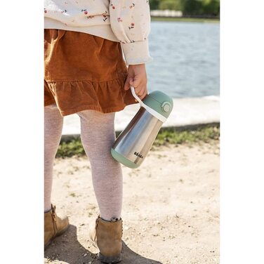 BÉABA Stainless Steel Kids' Water Bottle 2-in-1, Water Bottle/Glass Function, Push-Button for Easy Opening, Stable, Healthy, Detachable Handles, Stainless Steel Cold/Warm Insulation Function, 350ml, Old Pink (Pale Green - 350ml)