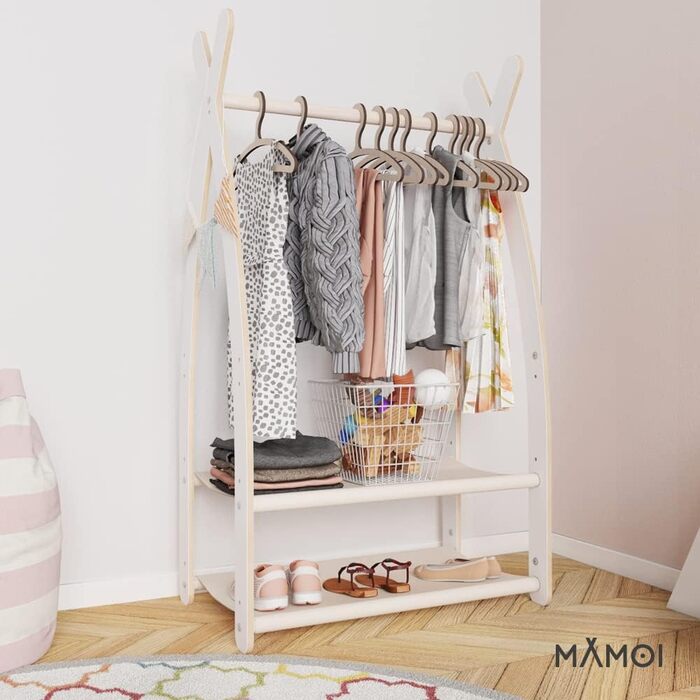MAMOI® Clothes Rack Baby Nursery | Children's Clothes Rack 106x95x32cm / 53x95x32cm | Children's Clothes Stand Baby | Coat Rack | Baby Wardrobe | Children's Wardrobe | 100% ECO | Made in EU (1 Module - 2 Shelves, White - Beige)
