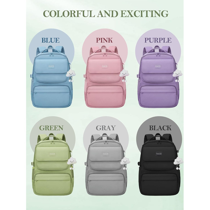 Шкільний рюкзак FIORETTO для дівчаток-підлітків, жіночий, з відділенням для ноутбука 15.6', водонепроникний, легкий, 25L, для школи та подорожей (зелений)