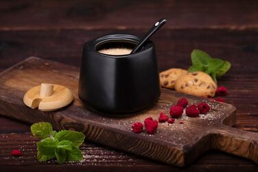 Цукорниця Pullmer з кераміки з кришкою з бамбука та ложкою, цукровий контейнер (чорна, кругла квадратна)