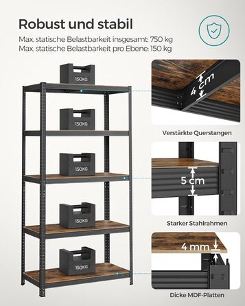 SONGMICS Industrial 5-Tier Shelf Unit - Vintage Brown & Black (60x120x200cm)