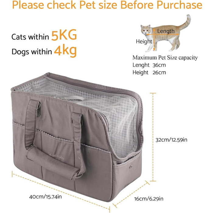 Складана переносна переносна коробка для собак та котів - переносна собача коробка/сумка для транспортування до 4 кг собак та 5 кг котів для подорожей та авто | Сірий 40x16x32 см, сірий L 16 x B 32 x H 40 см