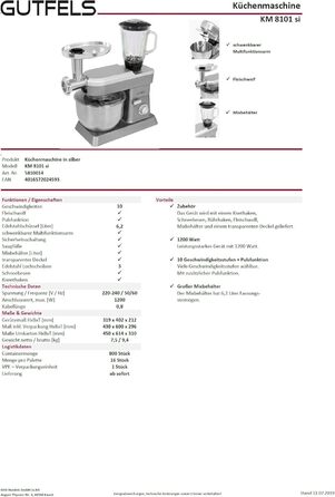 Кухонна машина GUTFELS KM 8102 roi | 1200 Вт | 10 швидкостей | 5 л чаша | Насадки: вінчик, гак для тіста, гак для збивання | Червона