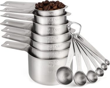 Yellrin Measuring Cups and Spoons Set, Stainless Steel Measuring Cups and Spoons, 13-Piece Set, including 7 Stainless Steel Measuring Cups, 6 Measuring Spoons for Dry and Liquid Ingredients