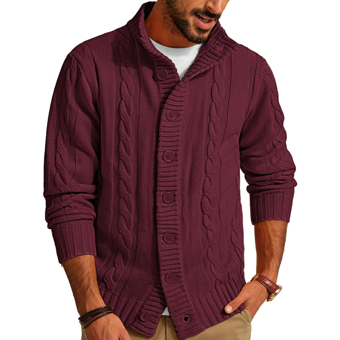 Чоловічий кардиган PJ PAUL JONES з в'язаним візерунком коси та ґудзиками, з ребристою стійкою комірцем для осені/зими (M, Бордовий)