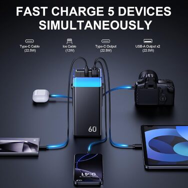 Powerbank 60000mAh 22,5W PD з USB-C, чорний: зовнішній акумулятор з 5 виходами та 2 входами, сумісний з iPhone, iPad, Samsung