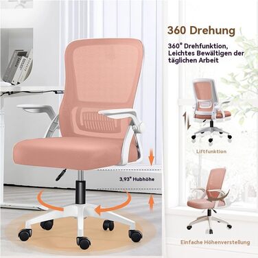 Ергономічне крісло для офісу з дихаючою спинкою Mesh, регульованими підлокітниками та підтримкою попереку для комп'ютера - Homeoffice (Medium, Рожевий)