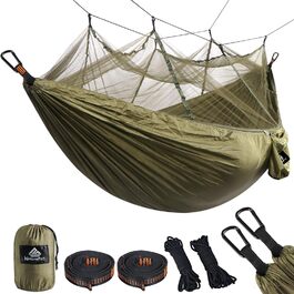 Гамак для кемпінгу NATUREFUN з москітною сіткою, 300 кг, 275x140 см, армійський зелений + 2 карабіни + 4 стропи