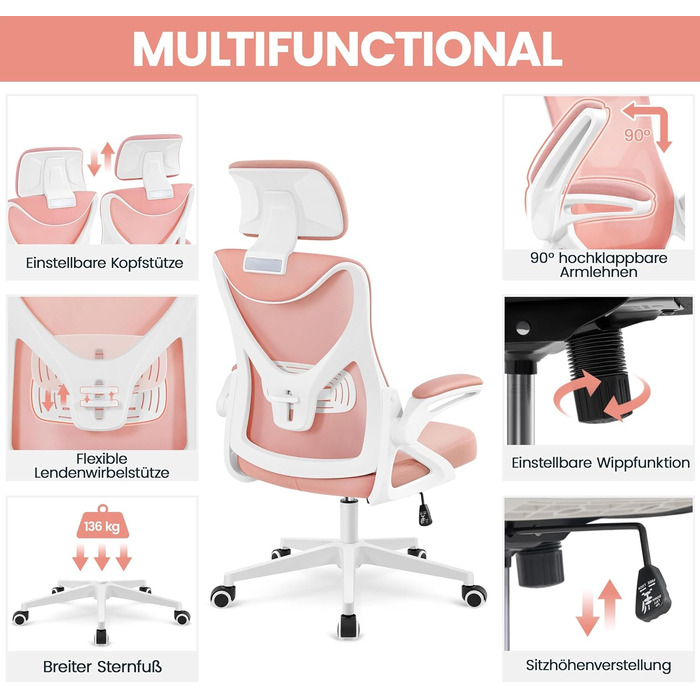 Крісло офісне Yaheetech ергономічне, з підйомними підлокітниками, регульованою підголівником, функцією гойдання, до 136 кг, білий/рожевий