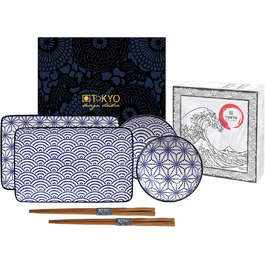Набір для суші Tokyo Design Studio Nippon Blue (6 предметів): 2 тарілки для суші, 2 миски для соусу, 2 палички для їжі, японський дизайн, порцеляна, подарункова упаковка