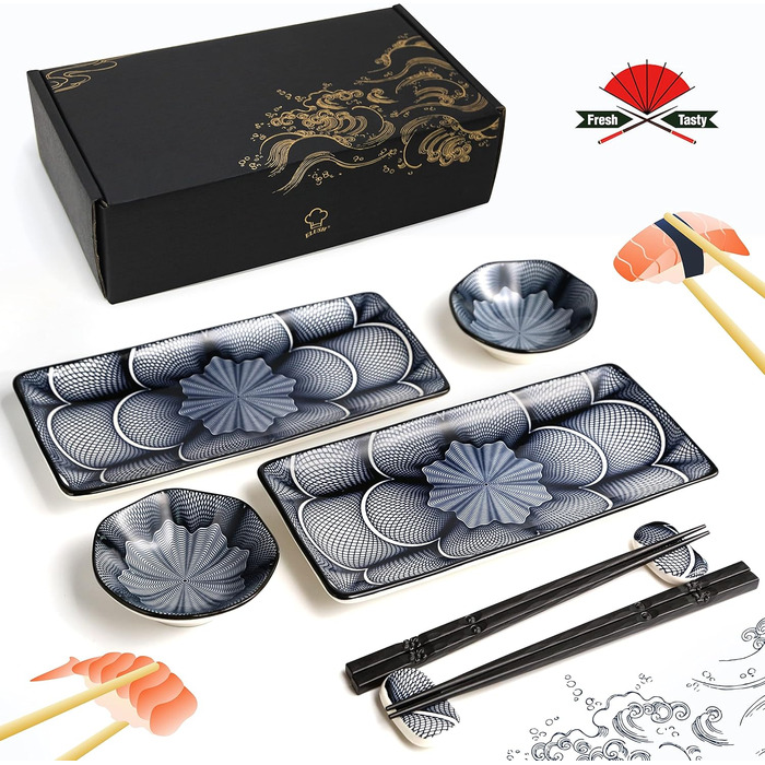 Набір для суші Elush: 2 тарілки, 2 миски для соусу, 2 пари паличок, 2 підставки, кераміка, японський стиль