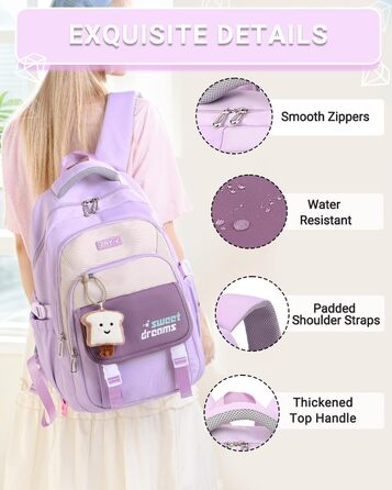 Шкільний рюкзак для дівчаток 2-10 класів, 32L, легкий дитячий рюкзак | Дихаюча спинка | М'які лямки | Брест-стрічка, ранці для школи, рюкзак для підлітків 8+ років, фіолетовий