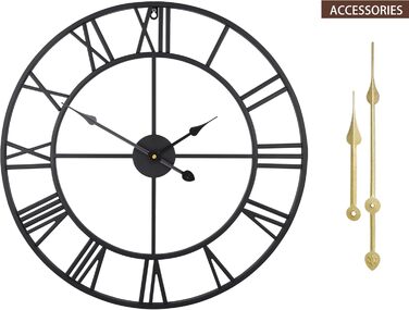 HAITANG Large Vintage Style Wall Clock, Black Round, Metal Silent Non-Ticking, Battery Powered, 40cm, 16 Inch Roman Numerals, Clocks for Living Room, Bedroom, Kitchen Wall Clock Decoration