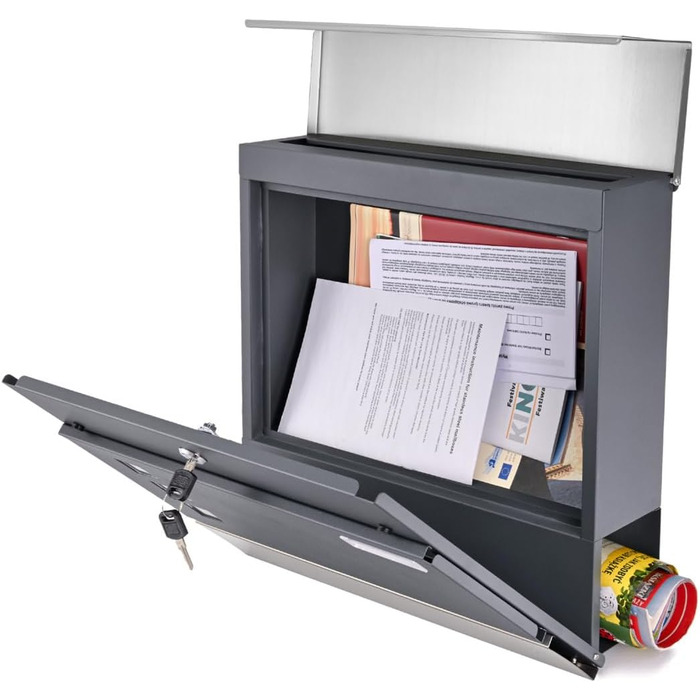Поштовий ящик Verda з газетницею, нержавіюча сталь, антрацит, 37x37x11 см - дизайнерський вуличний ящик з вікном, ключами та табличкою для імен