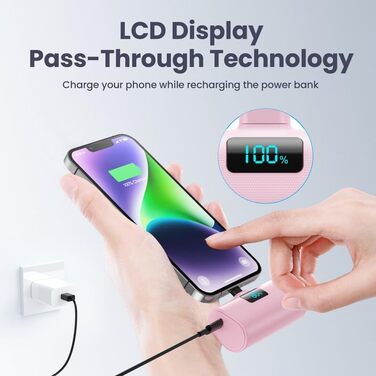 Портативний акумулятор Mini Powerbank 5200mAh: Швидка зарядка 20W PD 4.0A, LCD-дисплей, сумісний з iPhone 14/13/12/11/XR/XS/8/7/6plus (Рожевий)