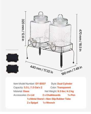 Диспенсер для напоїв VEVOR (2 x 5,5 л) з металевим підставкою, скляний сокодиспенсер з антикрапельним краном, для ресторанів, вечірок, приготування домашніх напоїв