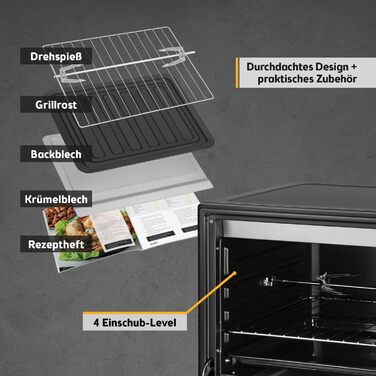 Міні-піч TZS First Austria 45L з регулюванням температури до 230°C, таймером, грилем та поворотним шампуром. Антипригарне покриття, 4 рівня, деко та решітка.