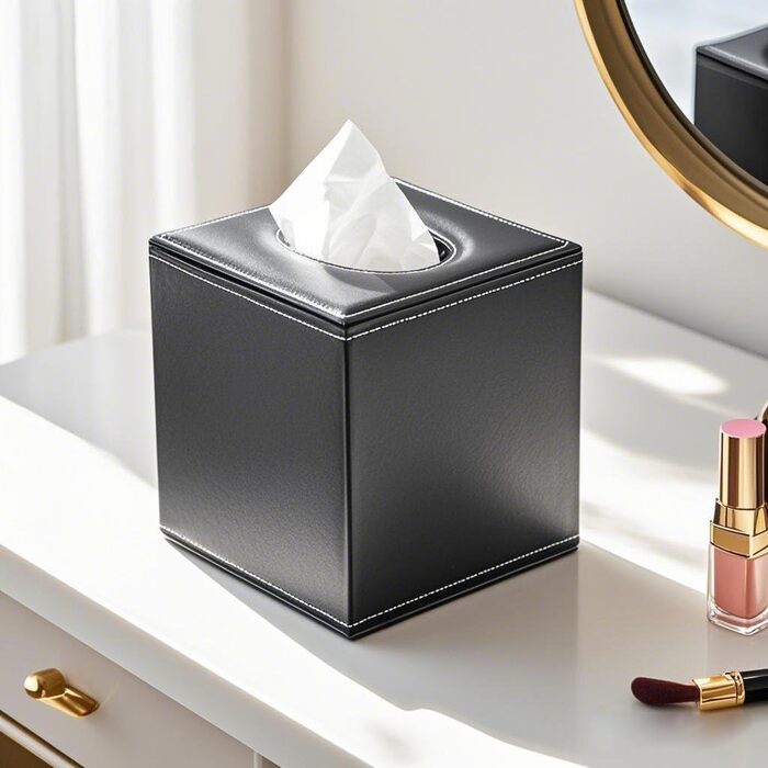 KINGFOM Скляна коробка для серветок, шкіряна, квадратна | Коробка для серветок у ванну, авто, офіс, спальню (Чорний)