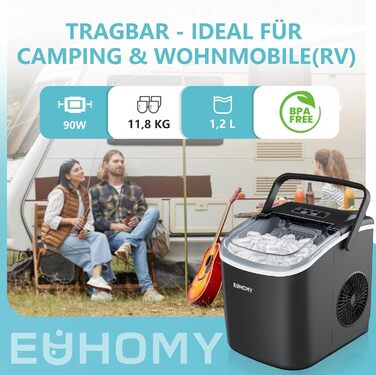 Машина для приготування льоду EUHOMY, 12 кг/24 год, чорна, з самоочищенням, 1.2 л