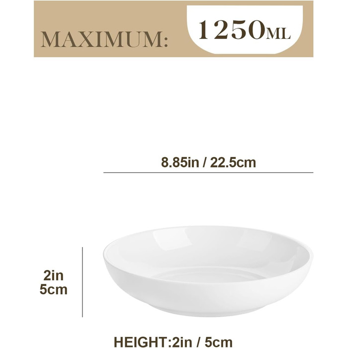 Набір посуду MALACASA, 6 предметів: тарілки для пасти, супу, салату, сервірування. Білий порцелан, 1250 мл