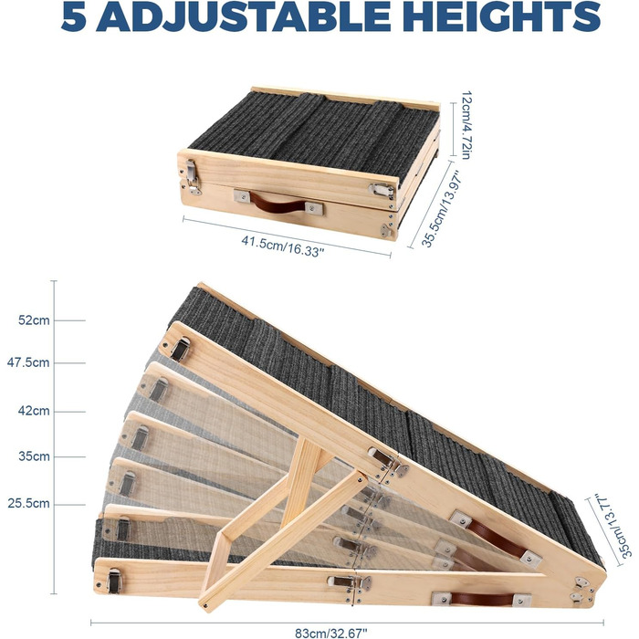 Складана дерев'яна пандус для собак – для ліжка, дивана, авто. Регульована висота 25-52 см, довжина 83 см, ширина 35 см, антиковзка поверхня