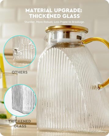 Baffect Carafe Glass with Lid, 1.8L/63oz Refrigerator Glass Carafe with Stainless Steel Lid, High Borosilicate Glass Carafe Pitcher for Hot or Cold Homemade Drinks
