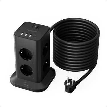 Многофункціональна мережева розетка TESSAN з 8 розеток, USB-C, захистом від перенапруги, вимикачем та кабелем 2м (3600W)