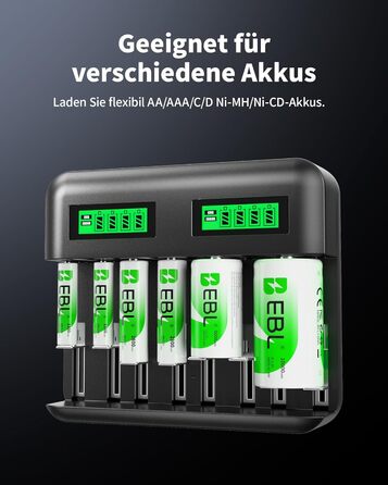 Зарядний пристрій EBL для акумуляторів AA AAA C D NI-MH, Type-C, LCD дисплей, швидка зарядка