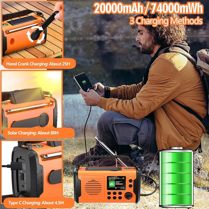 Радіо Kurbelradio з сонячною панеллю та живленням від ручки, 20000mAh, DAB/DAB+/FM, Bluetooth 5.3, Powerbank, SOS, ліхтарик, компас, AUX, TF картка, LED-лампа, помаранчеве