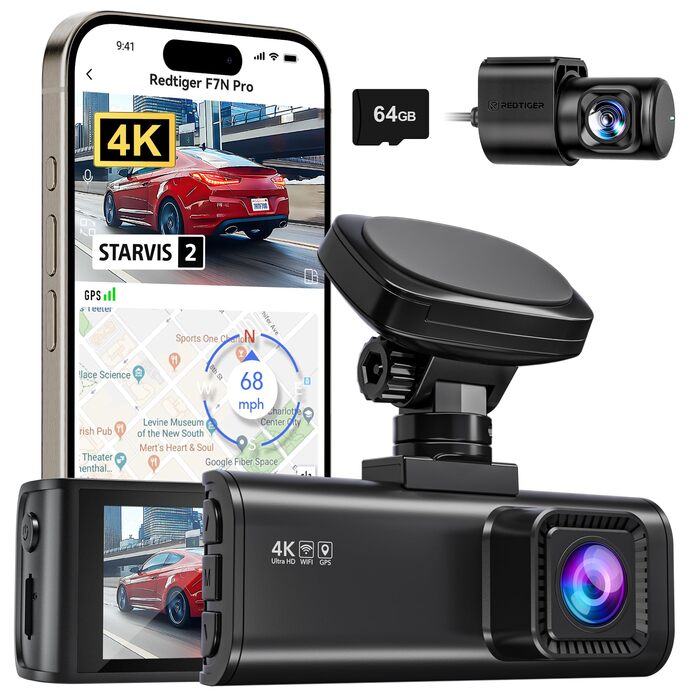 Відеореєстратор REDTIGER F7N Pro 4K, Dual (перед + зад), STARVIS, 64GB, WiFi, GPS, IPS 3.18
