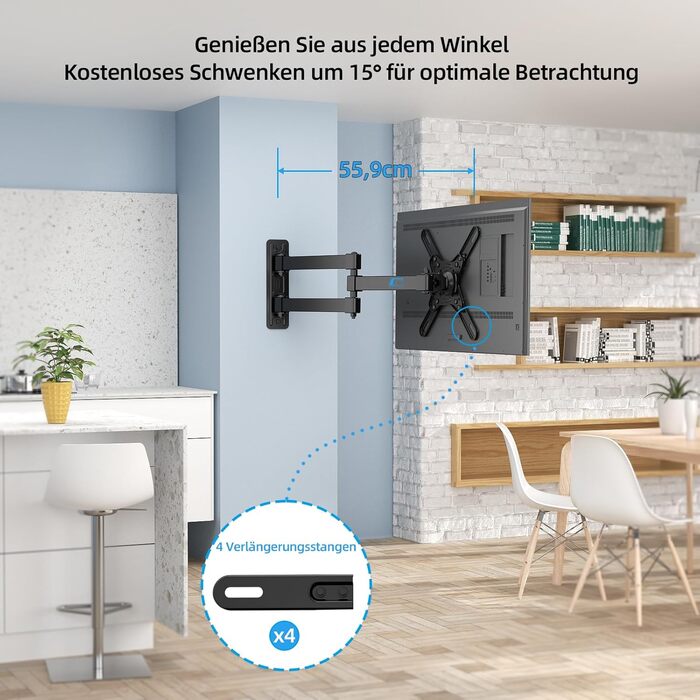 Кріплення для телевізора HOME VISION HV3202 з подовженим підлокотником, 17-42 дюйми, VESA 200x200, до 15 кг, 360° обертання, 180° нахил, висувний на 55,6 см, для плоских та вигнутих екранів