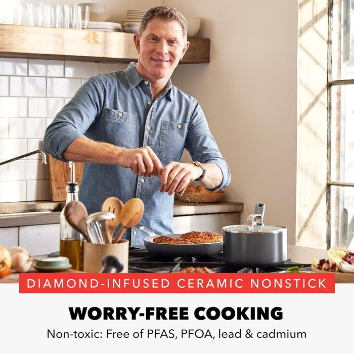 Набір посуду GreenPan x Bobby Flay 13 предметів: професійне алюмінієве покриття Ceramic Non-Stick, індукційне дно, силіконові ручки, безпечний для здоров'я, сумісний з плитою та духовкою