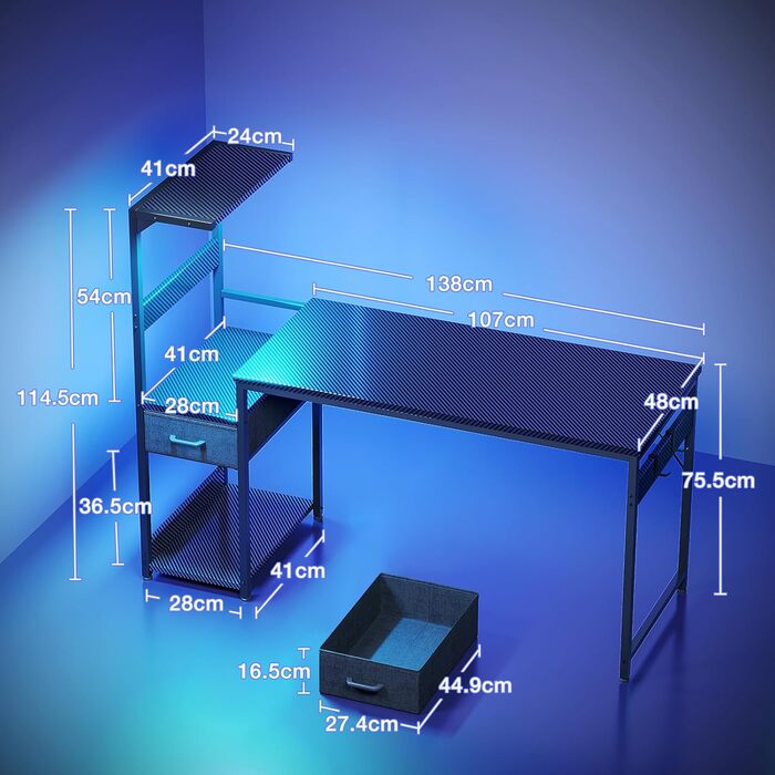 Ігровий стіл Coleshome з LED-підсвічуванням, стіл для геймінгу з шухлядами та полицею, обертовий комп'ютерний стіл з тримачем для навушників (Carbon Fiber Black, 138×48 см)