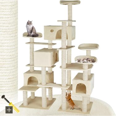 Тектейк® Драбина-кіготь для котів велика, комплектація: будиночки, ігрова колона, стовпчик для шліфування кігтів з сизалю, сірий колір (бежевий) - артикул 403919