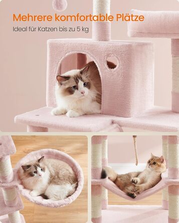 Кігтеточка Feandrea для котів, 206 см, XXL, з 13 кігтеточками, 2 платформами, 2 хованками, кошиком, помпонами, багатоярусна, плюшеве покриття, для дому, кремово-білий колір