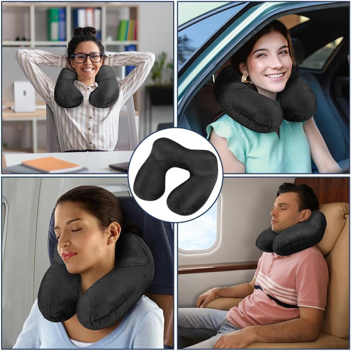 Надувна подушка для шиї Flintronic, ергономічна підголовник з велюровим чохлом, для подорожей та кемпінгу (темно-сірий)