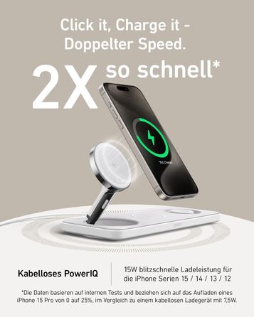 Складана бездротова зарядна станція Anker MagGo 3-в-1 Qi2 15W для iPhone 17/16/15/14/13/12, Apple Watch Ultra та AirPods Pro (з адаптером USB-C та кабелем)