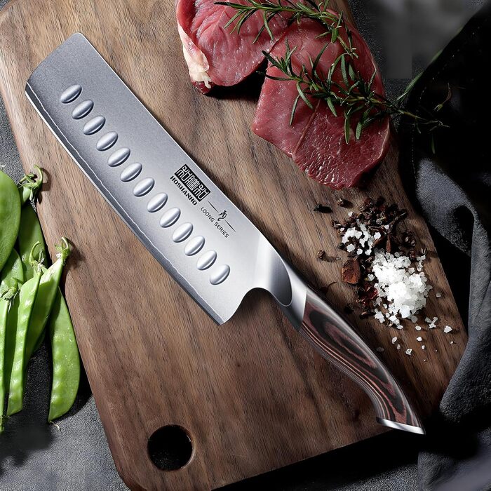 HOSHANHO 8-Piece Knife Set with Wooden Block - Professional Stainless Steel Kitchen Knife Set - Chef's Knife Set for Kitchen (18cm Nakiri Knife, Silver)