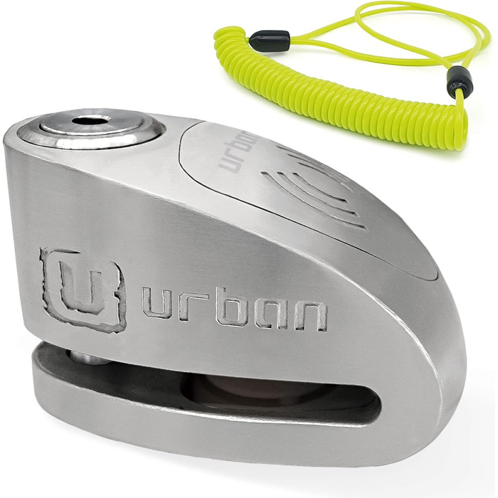 Замок на гальмівний диск URBAN UR910S з сигналізацією 120 дБ, нагадувальний кабель 140 см, подвійне блокування 10 мм, сертифікат SRA, нержавіюча сталь для мотоцикла