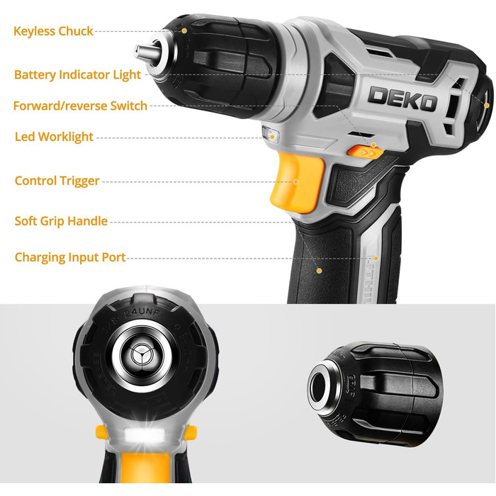 Акумуляторний шуруповерт-дрель DEKOPRO 8V 42шт з аксесуарами: ударний, LED-підсвітка, 12Nm, регулювання швидкості, для ремонту будинку (сірий)