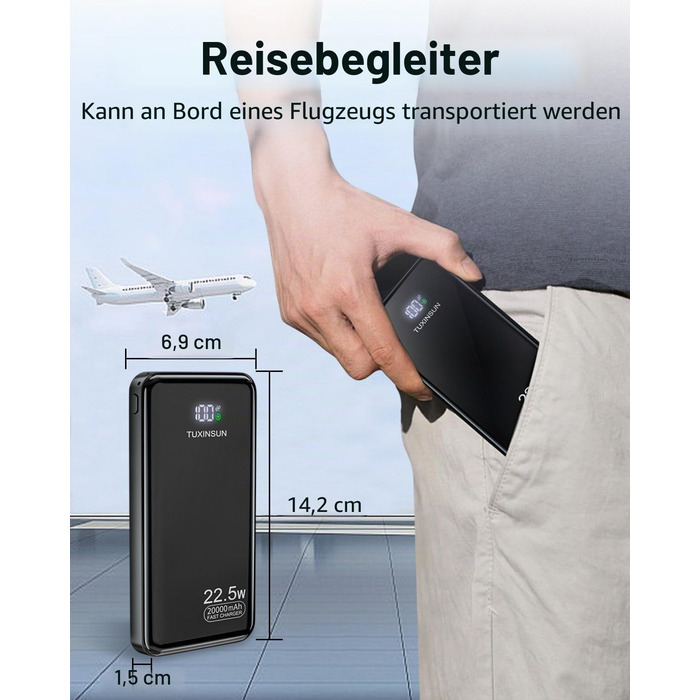 Power Bank 20000 mAh 22.5W з швидкою зарядкою PD3.0 QC4.0: Зовнішній акумулятор для смартфонів, смарт-годинників з LCD-дисплеєм та USB-C