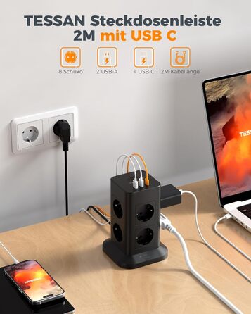 Блок розеток TESSAN з захистом від перенапруги 3600W 16A, 8 розеток, USB-C, подовжувач 2м, сірий