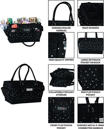 Everything Mary Blaugruner, geometric deluxe store and tote bag, organizer for crafts, sewing, paper, art, desk, canvas, accessories, storage with handles for travel (black and white triangle)
