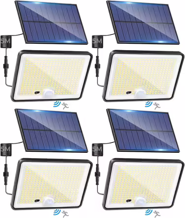 LOTMOS 2 Pack Solar Lights for Outdoor with Motion Sensor, 342 LED Outdoor Light Solar IP65 Waterproof Solar Spotlight 3 Modes with Remote Control, Solar Lamp Outdoor for Garden Garage Exterior (Cold White, 4 Pack)