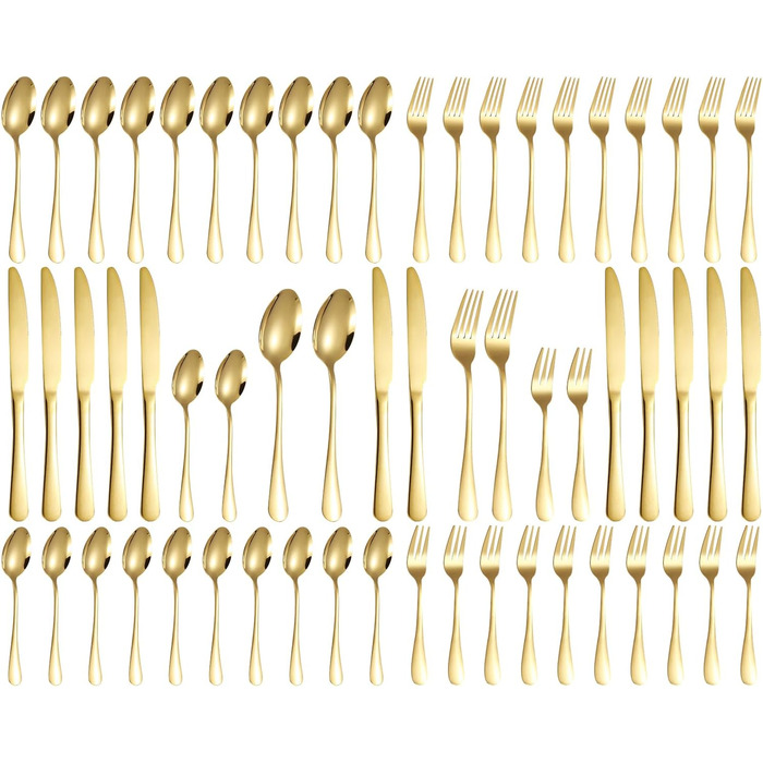12-Person Cutlery Set, 60-Piece Gold Stainless Steel Cutlery Sets, Elegant Dinnerware Cutlery, High-Gloss Polished and Dishwasher Safe, with Knife, Fork, and Spoon, for Home, Party, Restaurant