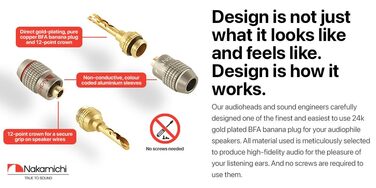 Бананові роз'єми Nakamichi FanLock Excel-Serie, 24K позолочені BFA коннектори для акустичних кабелів 10-18 AWG, 4 мм, для Hi-Fi стерео та домашнього кінотеатру, 4 шт (2 пари)