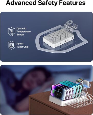 SooPii Зарядна станція USB-C 8 портів з PD 20W, кабель USB 8 шт., тримач для Apple Watch та AirPods - Біла