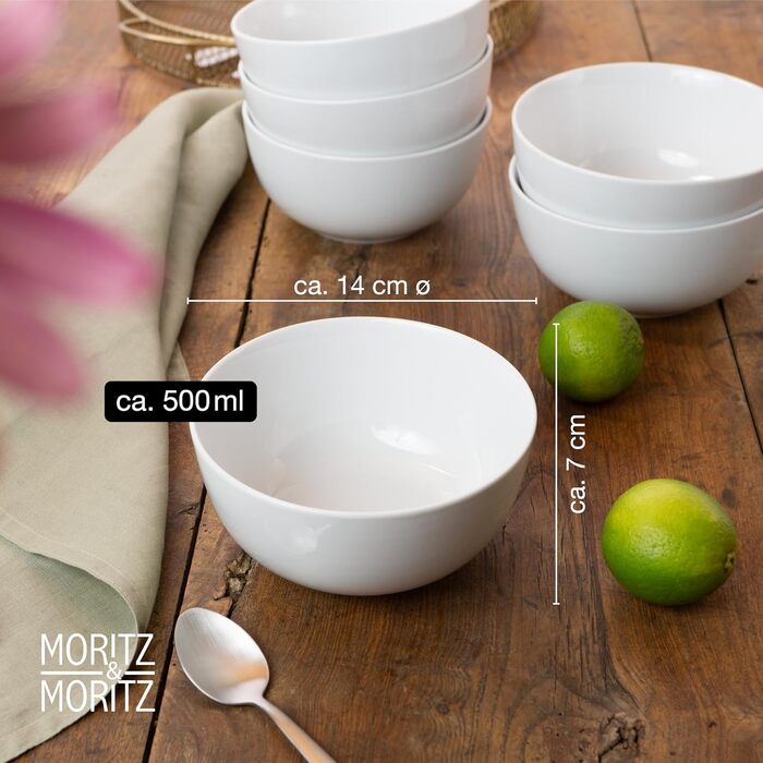 Набір салатників Moritz & Moritz BASIC, 6 шт. - діаметр 14 см, об'єм 500 мл - з якісного порцеляну, білий - для супів, салатів, десертів, мюслі