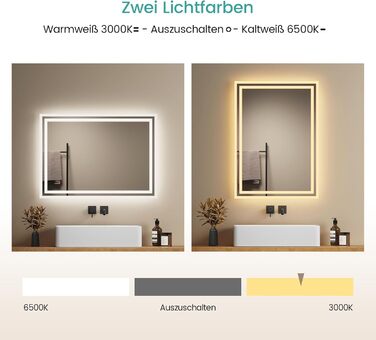 Дзеркало для ванної кімнати EMKE з підсвічуванням 40x60 см LED, антизапарник, холодний/теплий білий світ, з кнопкою, преміум-алюмінієва рама, IP44, енергозберігаюче