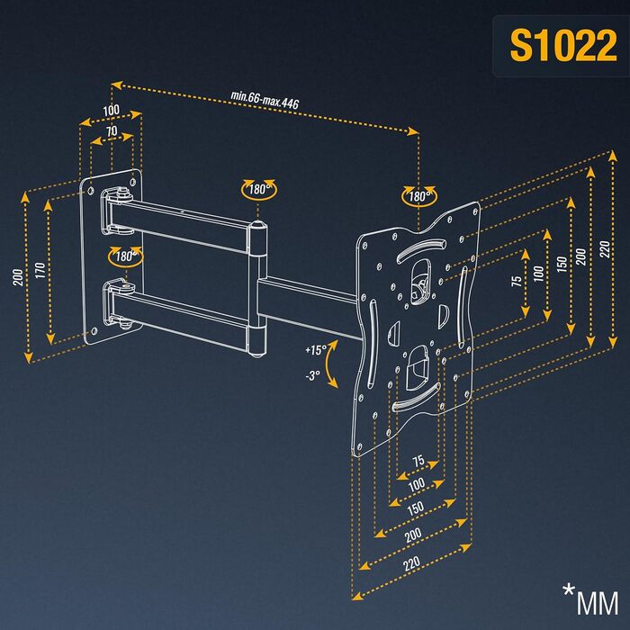 Кріплення для телевізора RICOO S1022: поворотне та нахильне, для телевізорів 27-55 дюймів, VESA 200x200, до 30 кг, універсальне, для плоских та вигнутих телевізорів